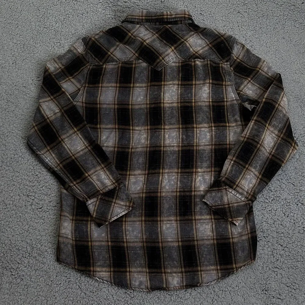 BKE Vintage Shirt Mens Large Brown Plaid Snap Yoke Spread Collar Point Pockets - Picture 13 of 14